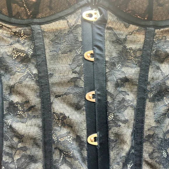 Gossard Black Lace Satin Corset Bustier 32D with Garters - Picture 2 of 6